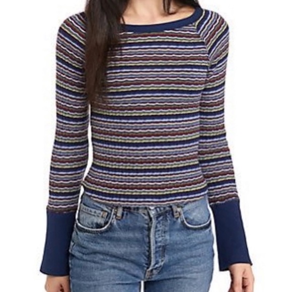 Free People Donna Striped Rib-Knit Tee Sz XS - Picture 2 of 8